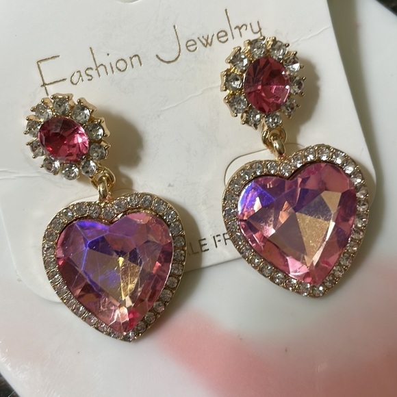 Iridescent Pink Heart Drop Earrings - Picture 3 of 11